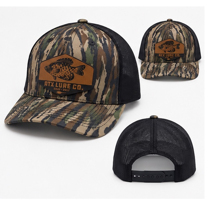 ATX Leather Crappie Patch Hat in Bottomland Camo / Black Mesh with crappie design and mesh back