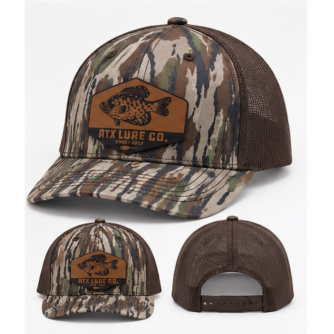 ATX Leather Crappie Patch Hat in Bottomland with crappie design and mesh back