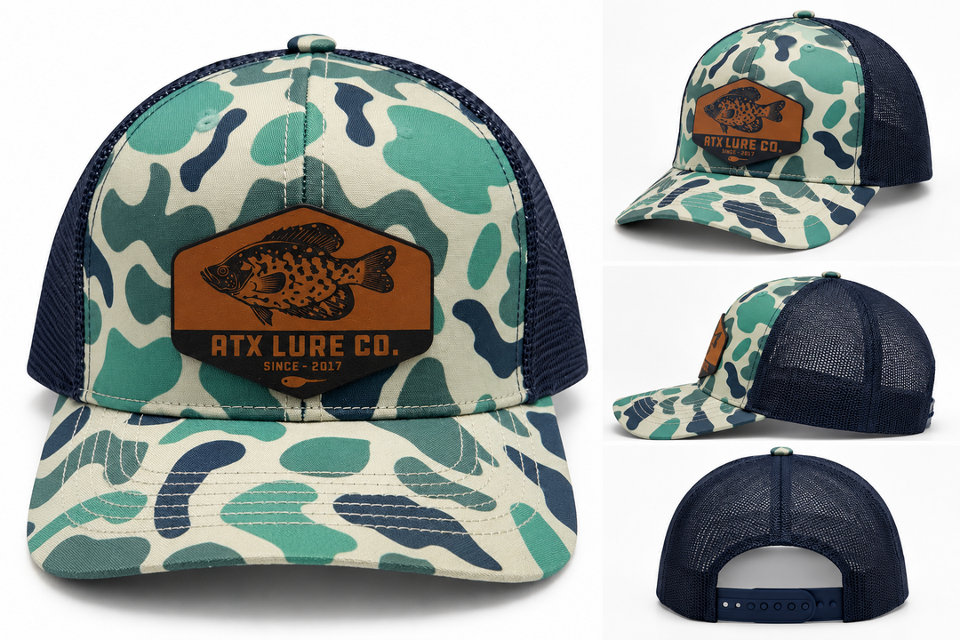 ATX Leather Crappie Patch Hat in Cool Marsh & Charcoal Slate with crappie design and mesh back