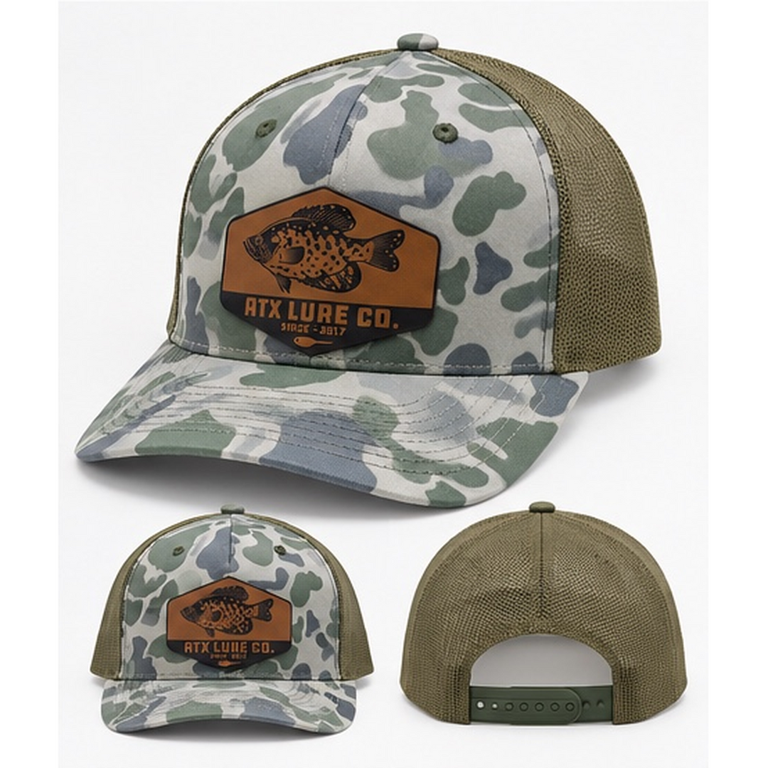 ATX Leather Crappie Patch Hat in Green Camo with crappie design and mesh back