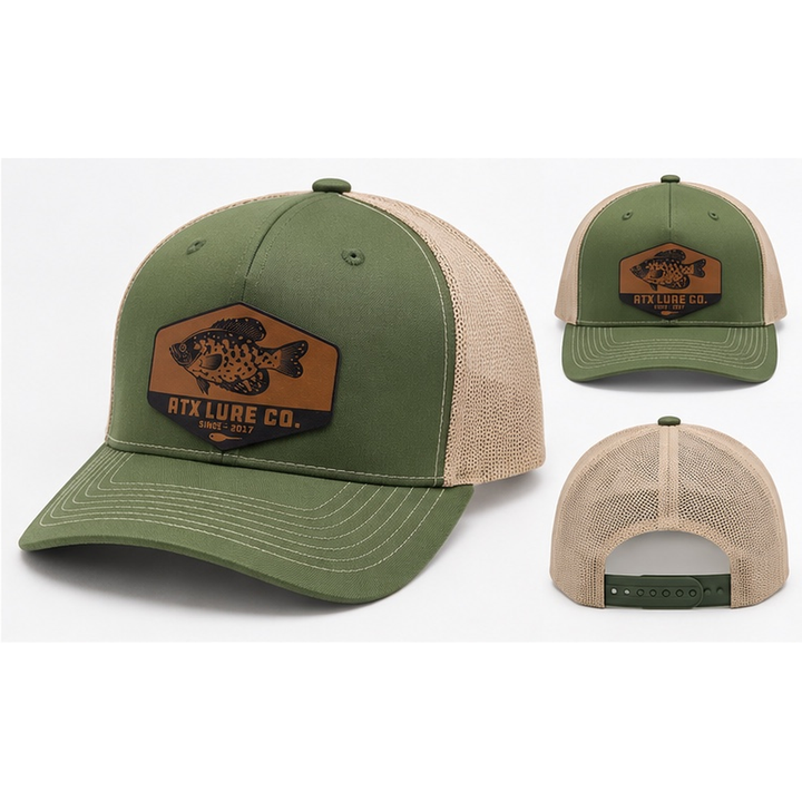 ATX Leather Crappie Patch Hat in Olive/Khaki with crappie design and mesh back