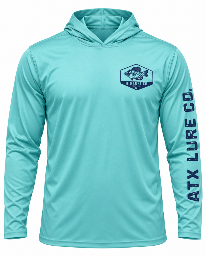 ATX Lure Company blue aqua hooded fishing shirt front view with chest crappie logo and navy sleeve lettering