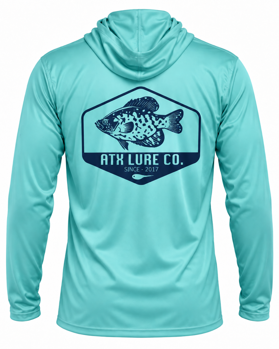 ATX Lure Company blue aqua hooded fishing shirt back view with large crappie logo and plain sleeves